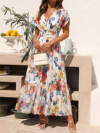 Savannah - Short Sleeve Pleated Floral Midi Dress - Eliza-Warszawa