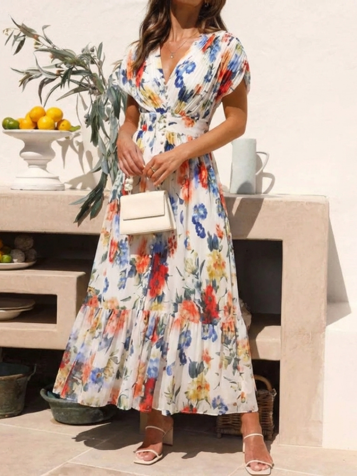 Savannah - Short Sleeve Pleated Floral Midi Dress - Eliza-Warszawa