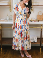 Savannah - Short Sleeve Pleated Floral Midi Dress - Eliza-Warszawa