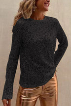 Sequined Mesh Long-Sleeved Slim-Fit Round Neck Top - Eliza-Warszawa