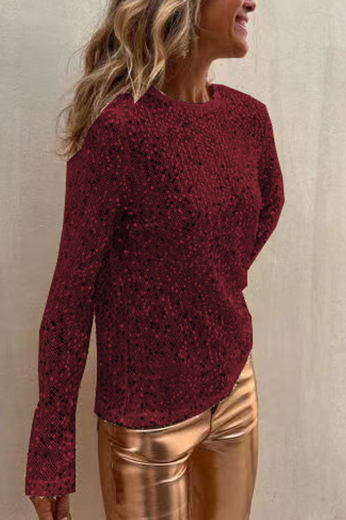 Sequined Mesh Long-Sleeved Slim-Fit Round Neck Top - Eliza-Warszawa