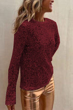 Sequined Mesh Long-Sleeved Slim-Fit Round Neck Top - Eliza-Warszawa