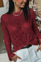 Sequined Mesh Long-Sleeved Slim-Fit Round Neck Top - Eliza-Warszawa