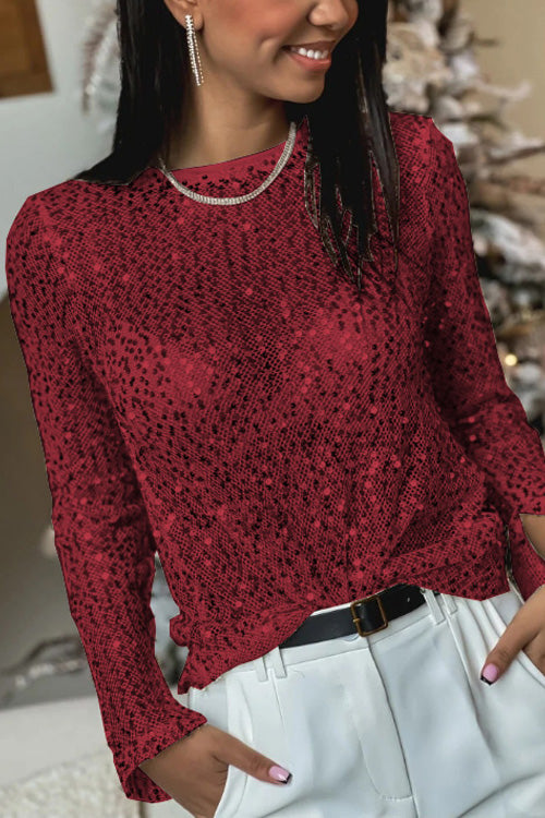 Sequined Mesh Long-Sleeved Slim-Fit Round Neck Top - Eliza-Warszawa