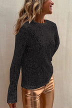 Sequined Mesh Long-Sleeved Slim-Fit Round Neck Top - Eliza-Warszawa