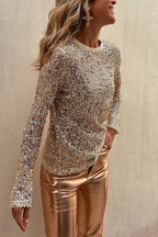 Sequined Mesh Long-Sleeved Slim-Fit Round Neck Top - Eliza-Warszawa