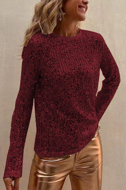 Sequined Mesh Long-Sleeved Slim-Fit Round Neck Top - Eliza-Warszawa