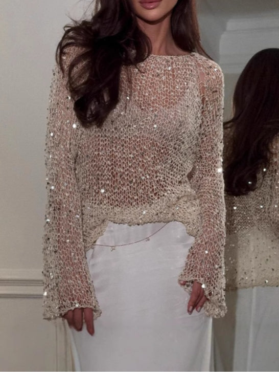 Sequined knitted hollow long-sleeved top - Eliza-Warszawa