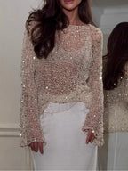 Sequined knitted hollow long-sleeved top - Eliza-Warszawa