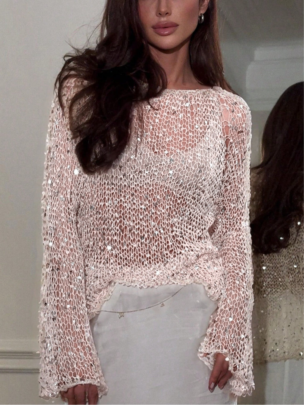 Sequined knitted hollow long-sleeved top - Eliza-Warszawa