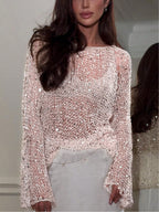Sequined knitted hollow long-sleeved top - Eliza-Warszawa