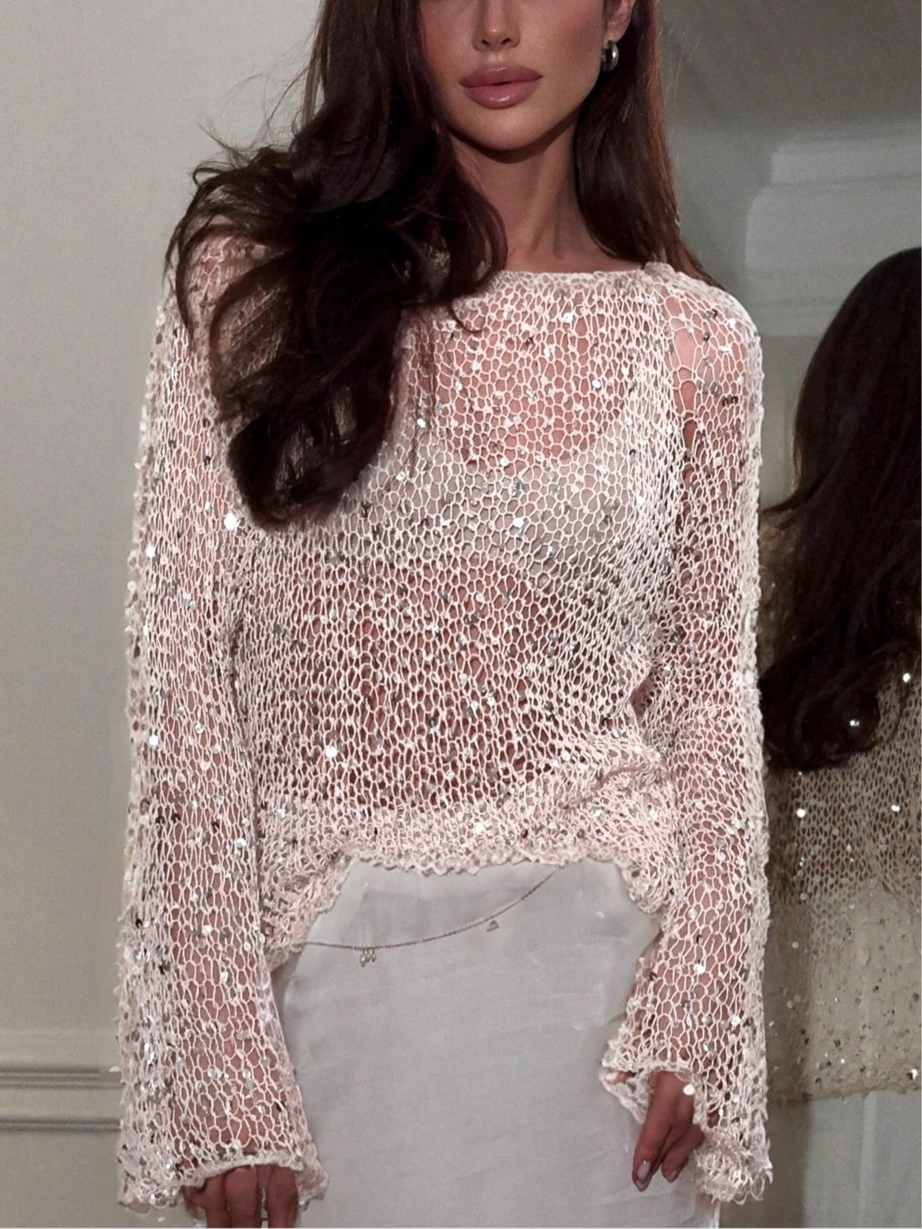 Sequined knitted hollow long-sleeved top - Eliza-Warszawa