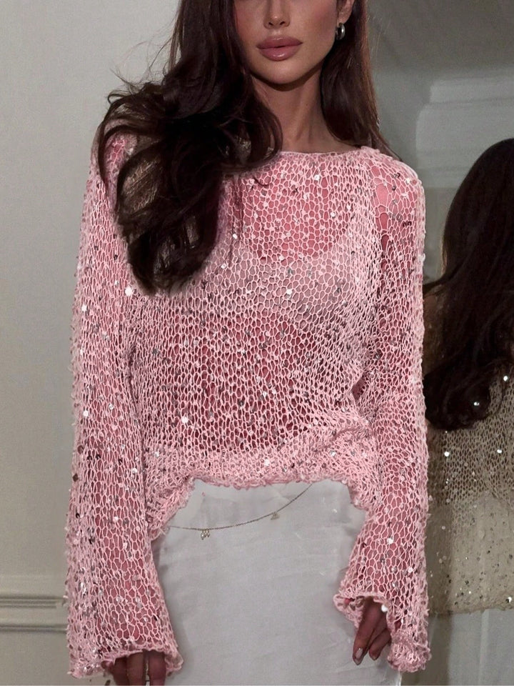 Sequined knitted hollow long-sleeved top
