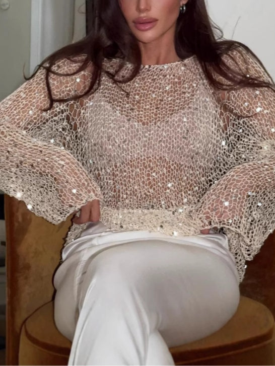 Sequined knitted hollow long-sleeved top - Eliza-Warszawa