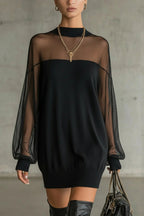 Sheer-Sleeve High-Neck Mini Dress - Eliza-Warszawa