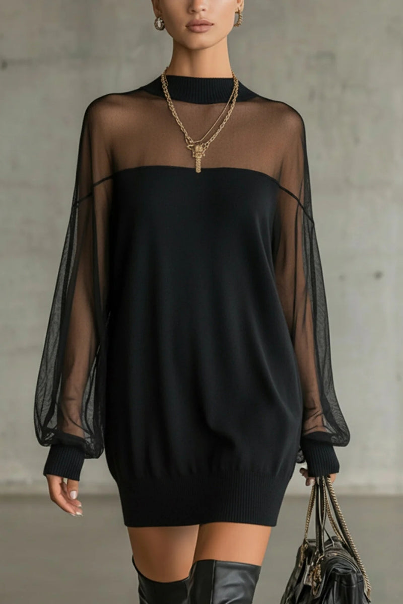 Sheer-Sleeve High-Neck Mini Dress - Eliza-Warszawa