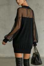 Sheer-Sleeve High-Neck Mini Dress - Eliza-Warszawa