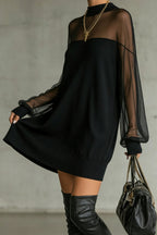 Sheer-Sleeve High-Neck Mini Dress - Eliza-Warszawa