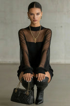 Sheer-Sleeve High-Neck Mini Dress - Eliza-Warszawa