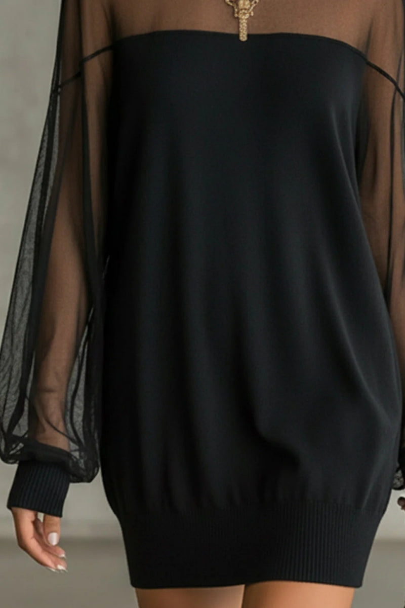 Sheer-Sleeve High-Neck Mini Dress