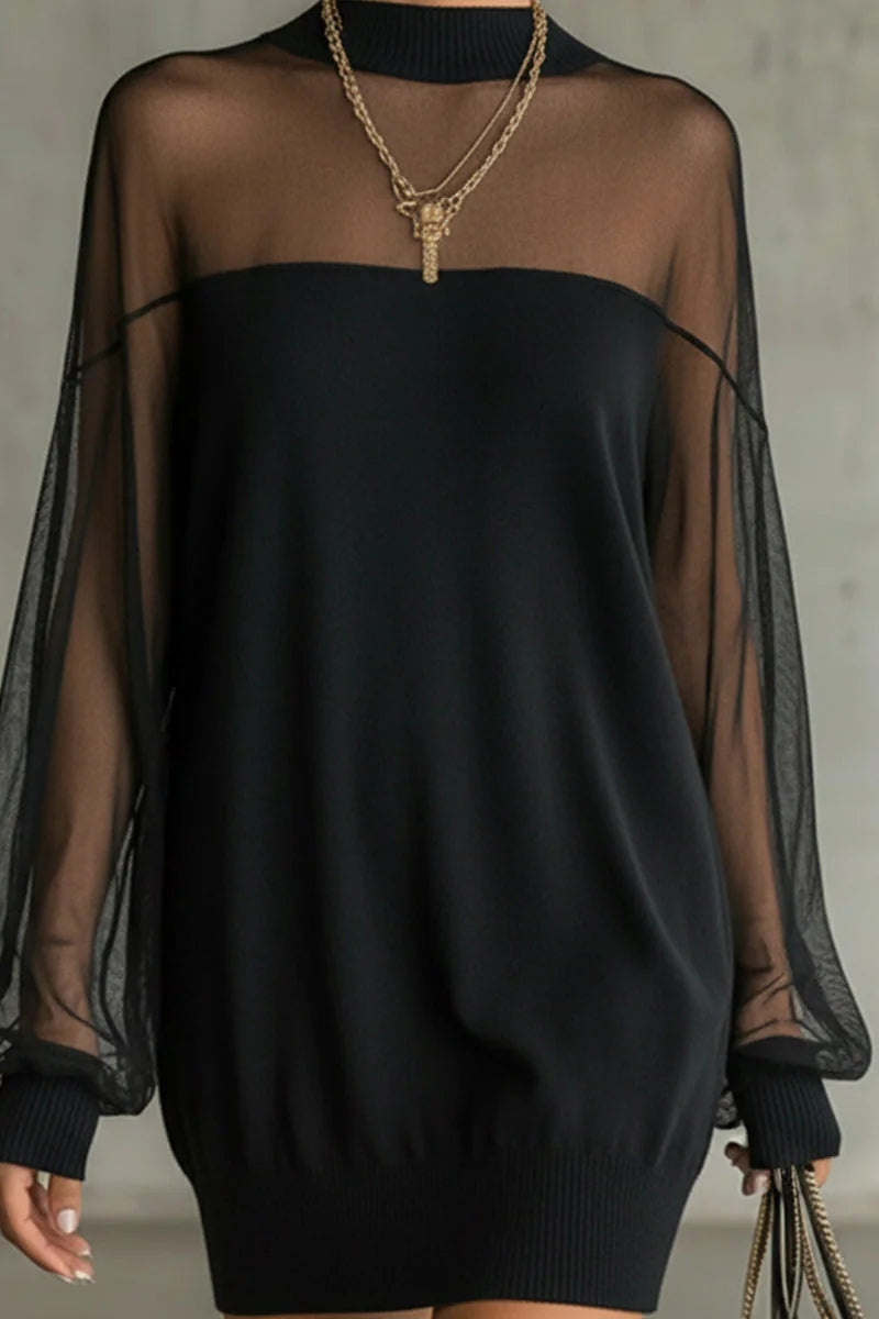 Sheer-Sleeve High-Neck Mini Dress