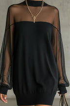 Sheer-Sleeve High-Neck Mini Dress - Eliza-Warszawa