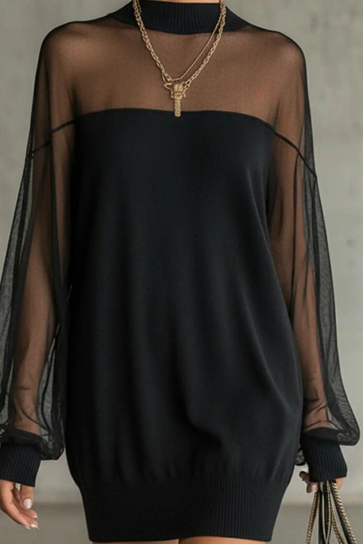 Sheer-Sleeve High-Neck Mini Dress