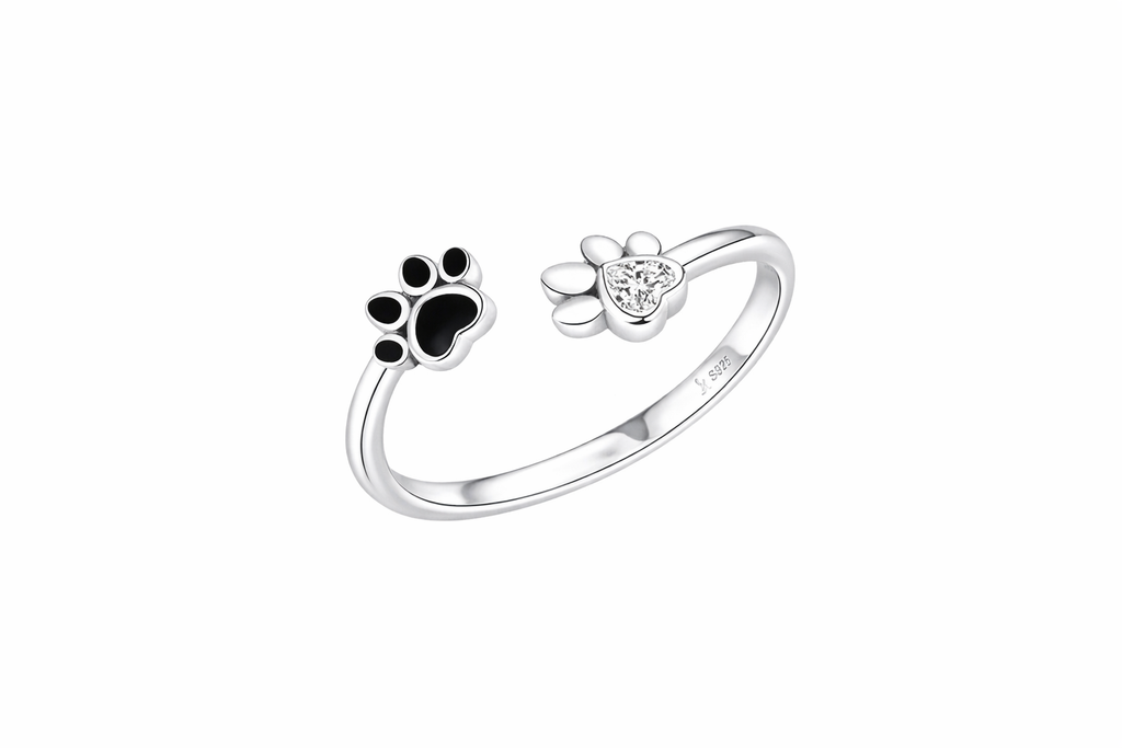 Silver Paw Ring Adjustable with Zirconia & Enamel