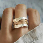 Silver Ring with Golden Thread Design - Eliza-Warszawa