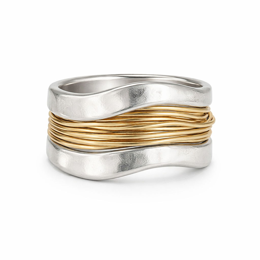 Silver Ring with Golden Thread Design - Eliza-Warszawa