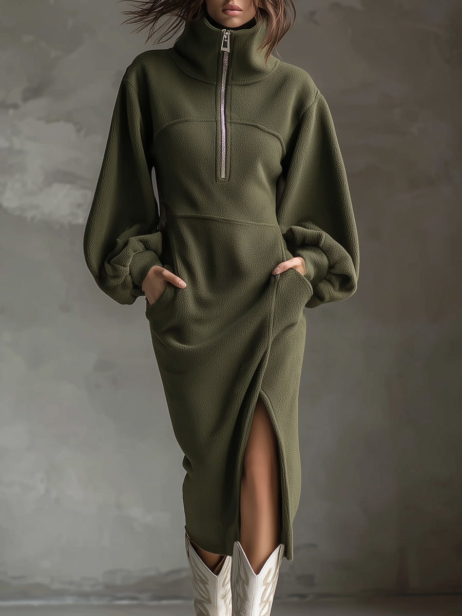 Soft Polar Fleece Lantern Sleeves Front Zipper Side Slit Midi Dress - Eliza-Warszawa