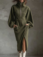 Soft Polar Fleece Lantern Sleeves Front Zipper Side Slit Midi Dress - Eliza-Warszawa
