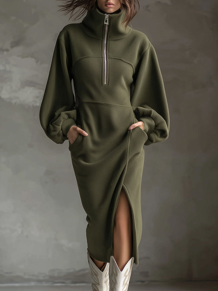 Soft Polar Fleece Lantern Sleeves Front Zipper Side Slit Midi Dress