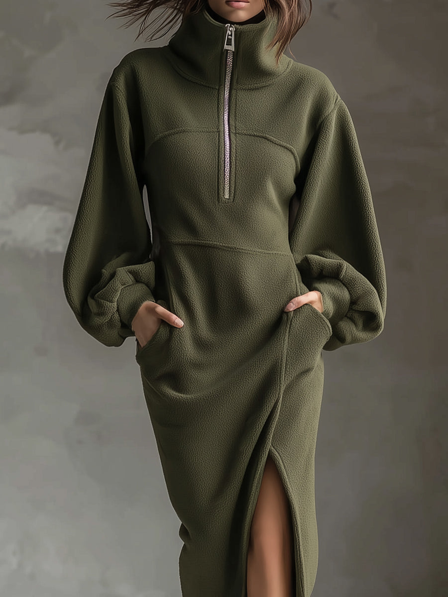 Soft Polar Fleece Lantern Sleeves Front Zipper Side Slit Midi Dress