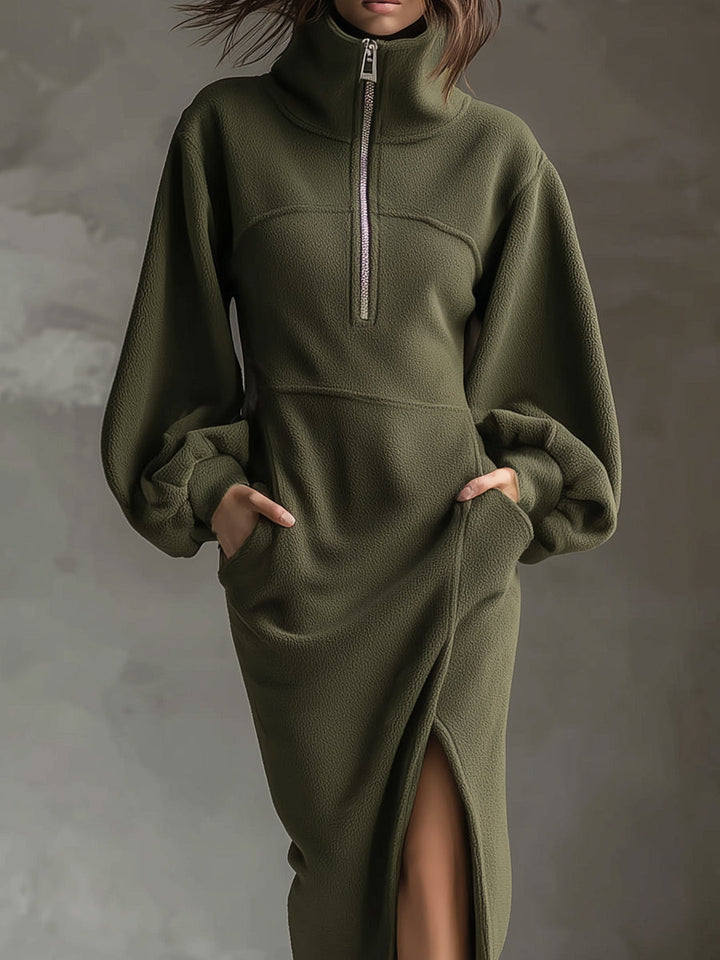 Soft Polar Fleece Lantern Sleeves Front Zipper Side Slit Midi Dress