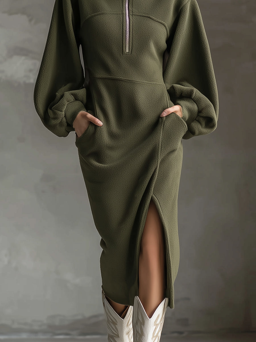 Soft Polar Fleece Lantern Sleeves Front Zipper Side Slit Midi Dress