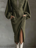 Soft Polar Fleece Lantern Sleeves Front Zipper Side Slit Midi Dress - Eliza-Warszawa