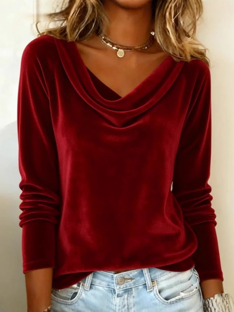 Solid Color Duffle Neck Long Sleeve Sexy Velvet T-Shirt - Eliza-Warszawa