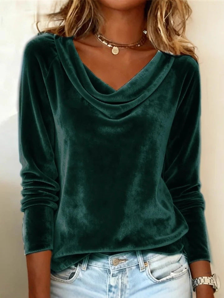 Solid Color Duffle Neck Long Sleeve Sexy Velvet T-Shirt - Eliza-Warszawa