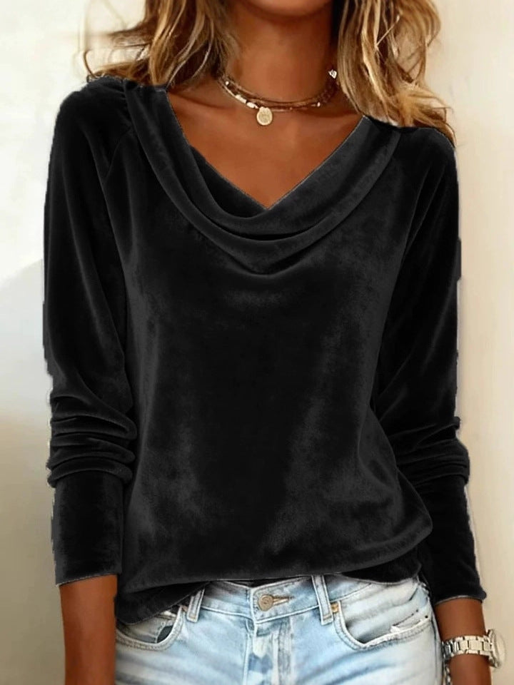 Solid Color Duffle Neck Long Sleeve Sexy Velvet T-Shirt - Eliza-Warszawa
