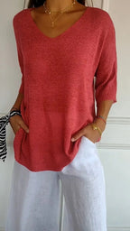 Solid Color Knitted V-neck Top - Eliza-Warszawa