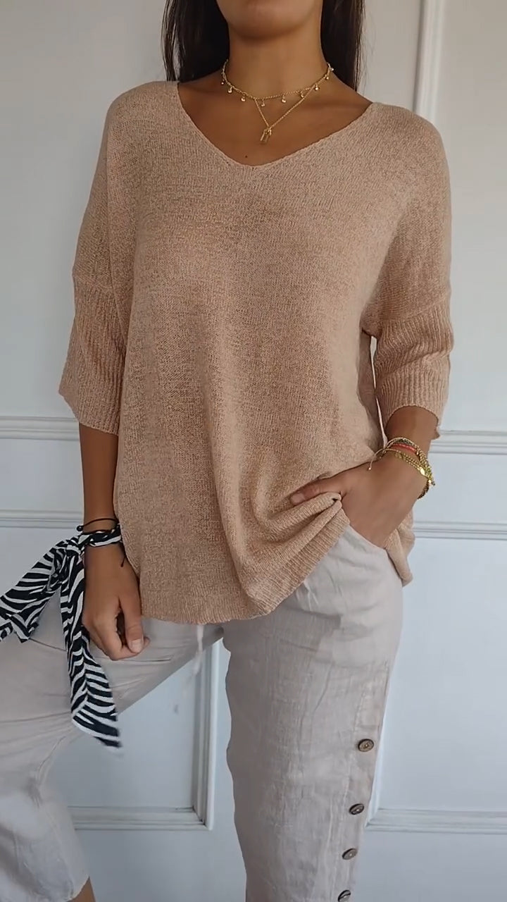 Solid Color Knitted V-neck Top - Eliza-Warszawa