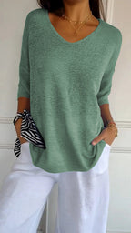 Solid Color Knitted V-neck Top - Eliza-Warszawa