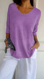 Solid Color Knitted V-neck Top - Eliza-Warszawa