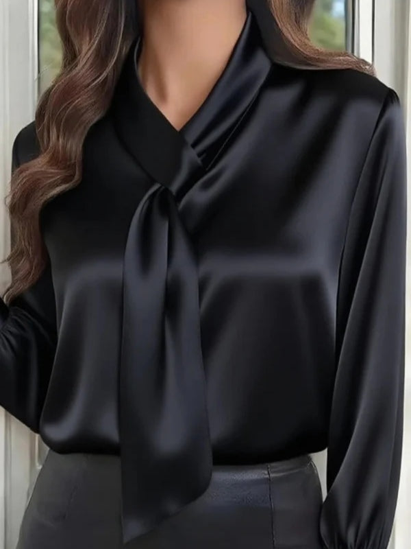 Solid Color Long-sleeved Bow Tie Casual Shirt - Eliza-Warszawa