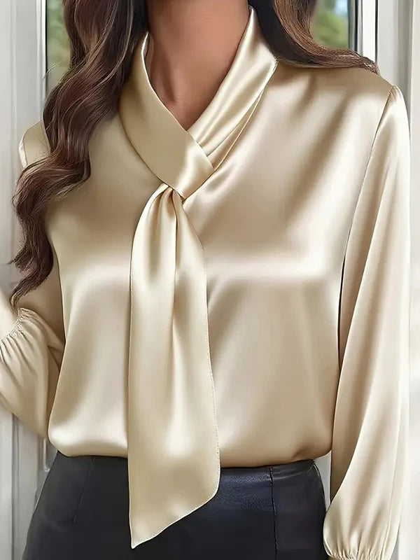 Solid Color Long-sleeved Bow Tie Casual Shirt - Eliza-Warszawa
