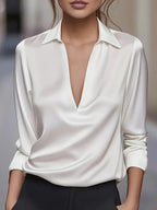 Solid Color Satin V-neck Long-sleeved Casual Shirt - Eliza-Warszawa