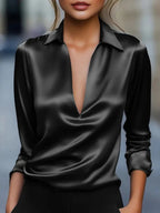 Solid Color Satin V-neck Long-sleeved Casual Shirt - Eliza-Warszawa