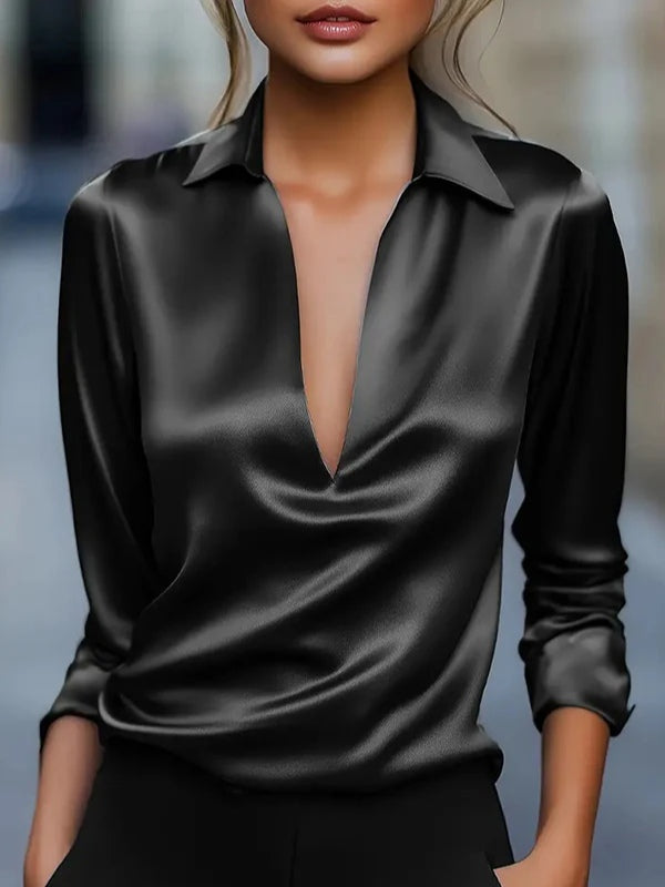 Solid Color Satin V-neck Long-sleeved Casual Shirt - Eliza-Warszawa