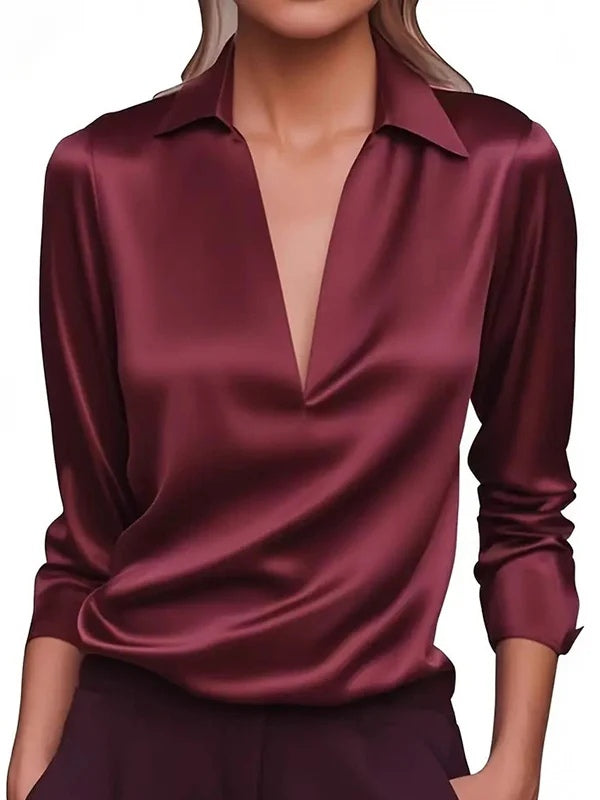 Solid Color Satin V-neck Long-sleeved Casual Shirt - Eliza-Warszawa